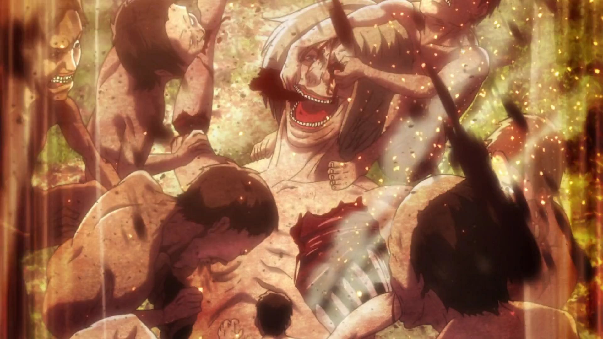 The Smiling Titan getting eaten by other Titans (Image via Wit Studio)