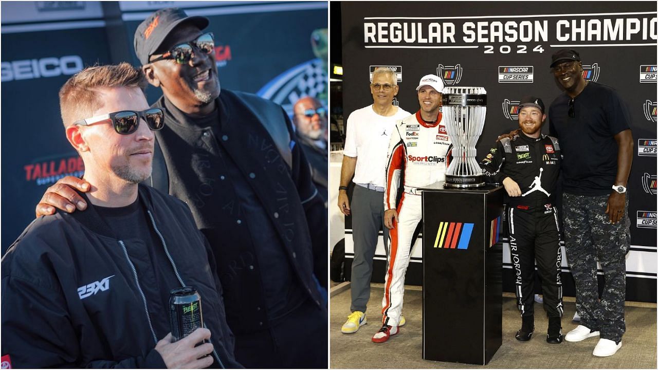 23XI Racing co-owners Denny Hamlin and Michael Jordan after winning the regular season championship. (  Source - [L] Instagram/@dennyhamlin and [R] via Getty )