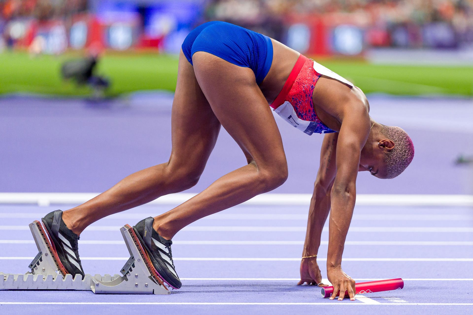 Shamier Little preparing for the women&#039;s 4x400m relay finals at the Paris Olympics [Image Source: Getty]