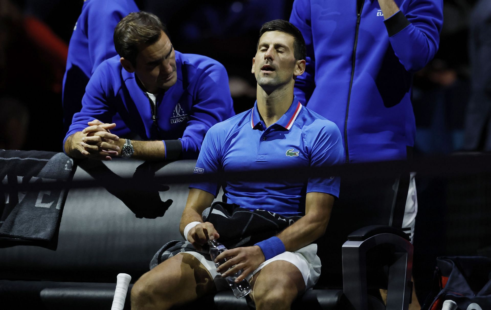 Roger Federer (L) and Novak Djokovic (seated) at the Laver Cup 2022 Day 3 - Source: Getty