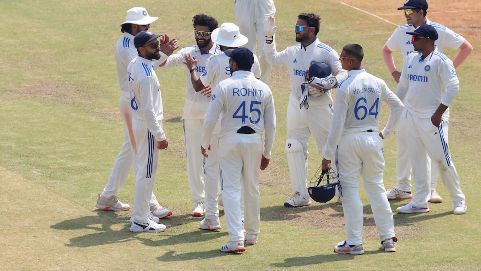 Team India celebrating the fall of a wicket (Image credits: BCCI on X)