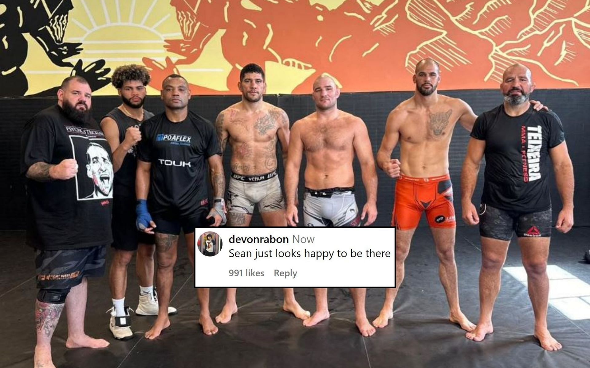 Fans react (insert) to Sean Strickland (third from right) training with Alex Pereira (fourth from left). [Image credit: @stricklandmma on Instagram]