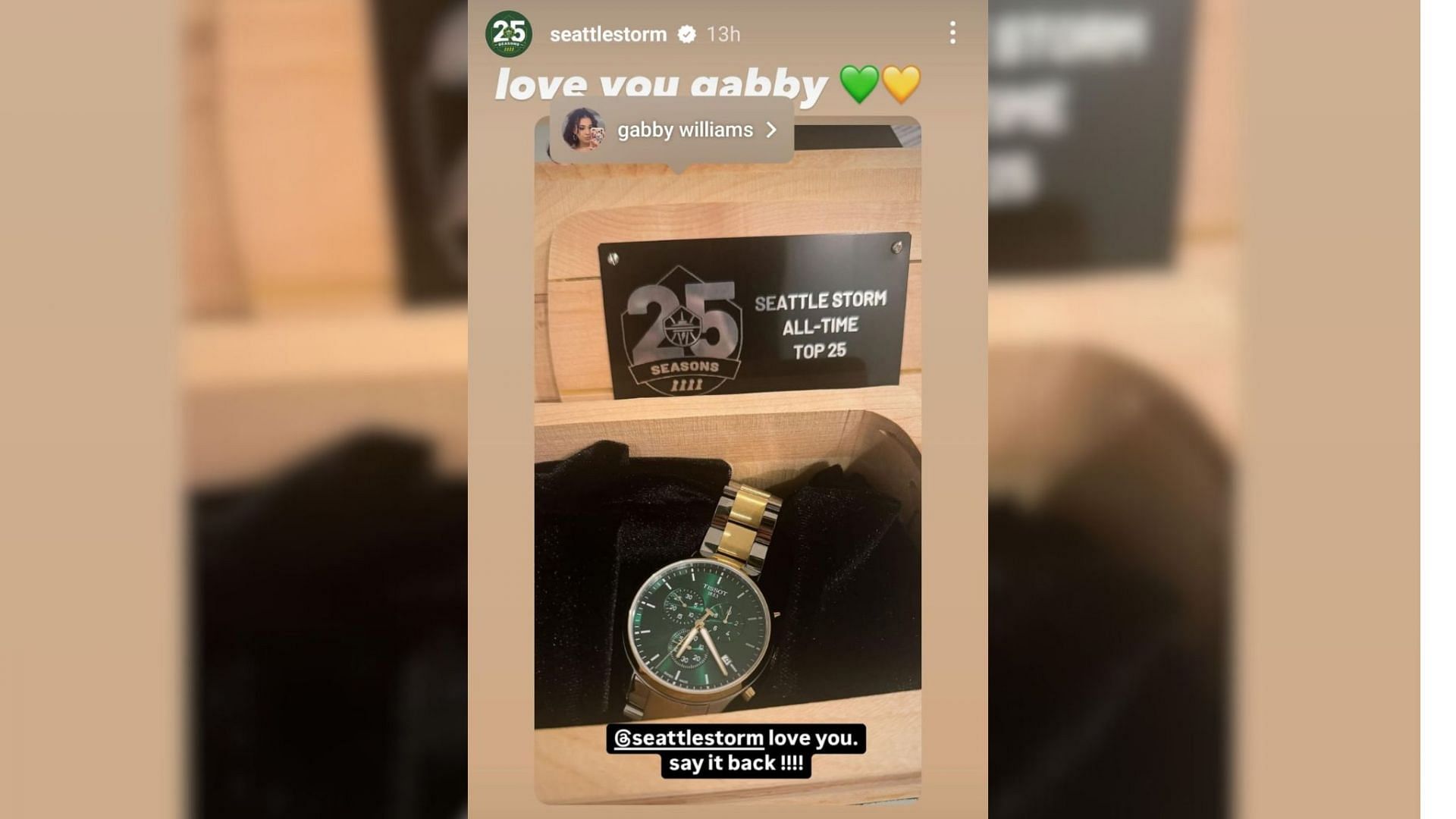 Screenshot of Gabby Williams&#039; watch from the Seattle Storm posted on her Instagram Stories.