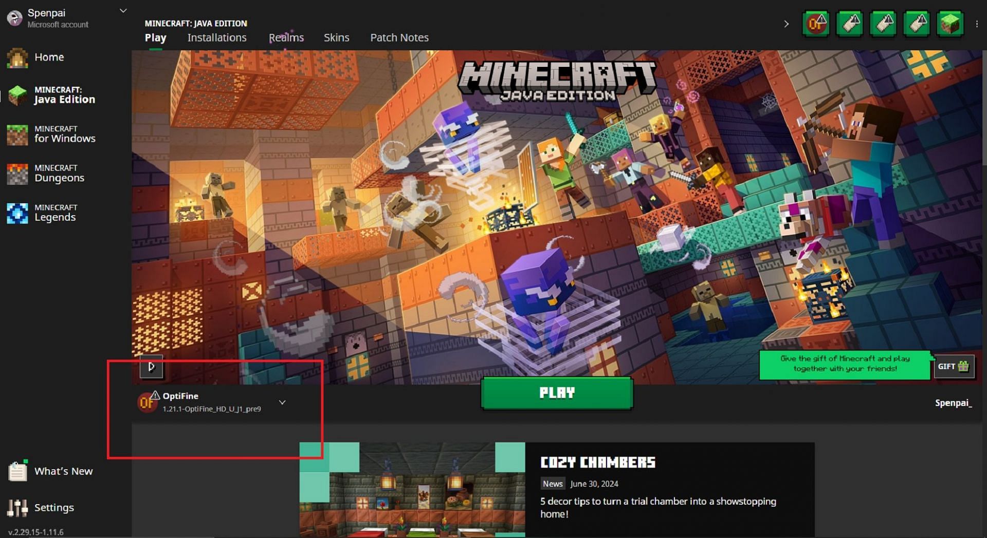 Once installed, Optifine can be used directly from the official launcher. (Image via Mojang)