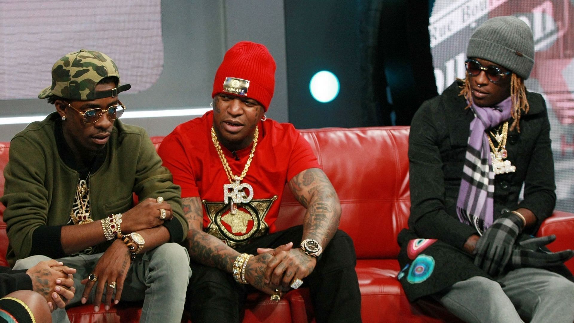 Rich Homie Quan, Birdman, and Young Thug attend 106 &amp; Park at BET studio on October 27, 2014 in New York City. (Photo by Bennett Raglin/BET/Getty Images for BET)