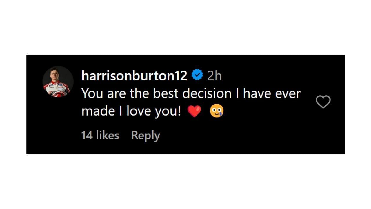 Burton&#039;s comment on Petty&#039;s Instagram post (@harrisonburton12 on Instagram)