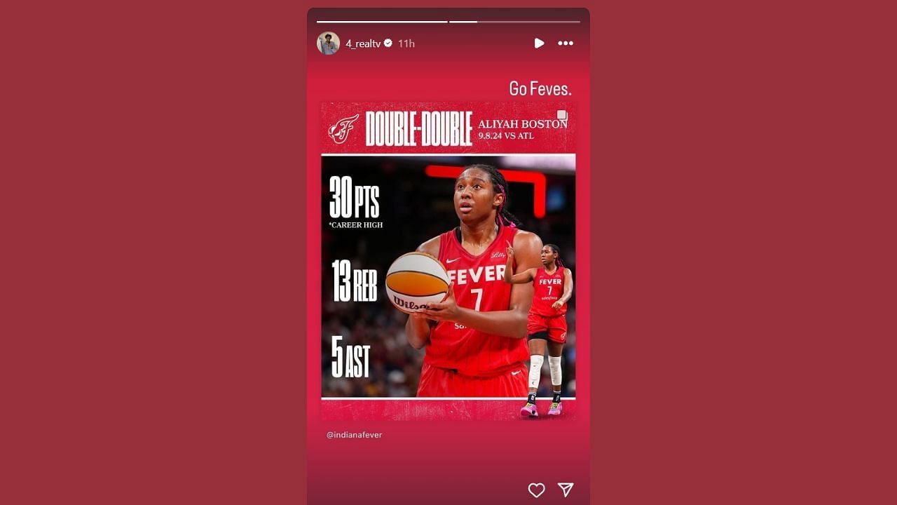 Tre-Vaughn Minott shared a two-word reaction to girlfriend Aliyah Boston&#039;s double-double performance. (Credits: @4_realtv/Instagram)