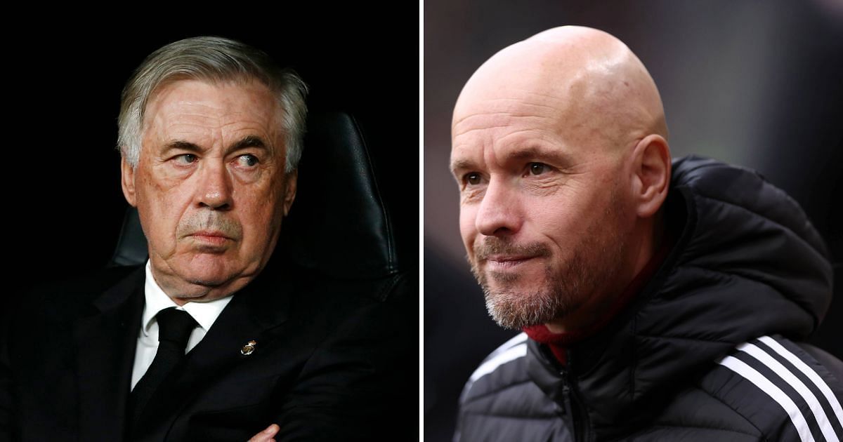 Real Madrid boss Carlo Ancelotti (left) aand Manchester United manager Erik ten Hag