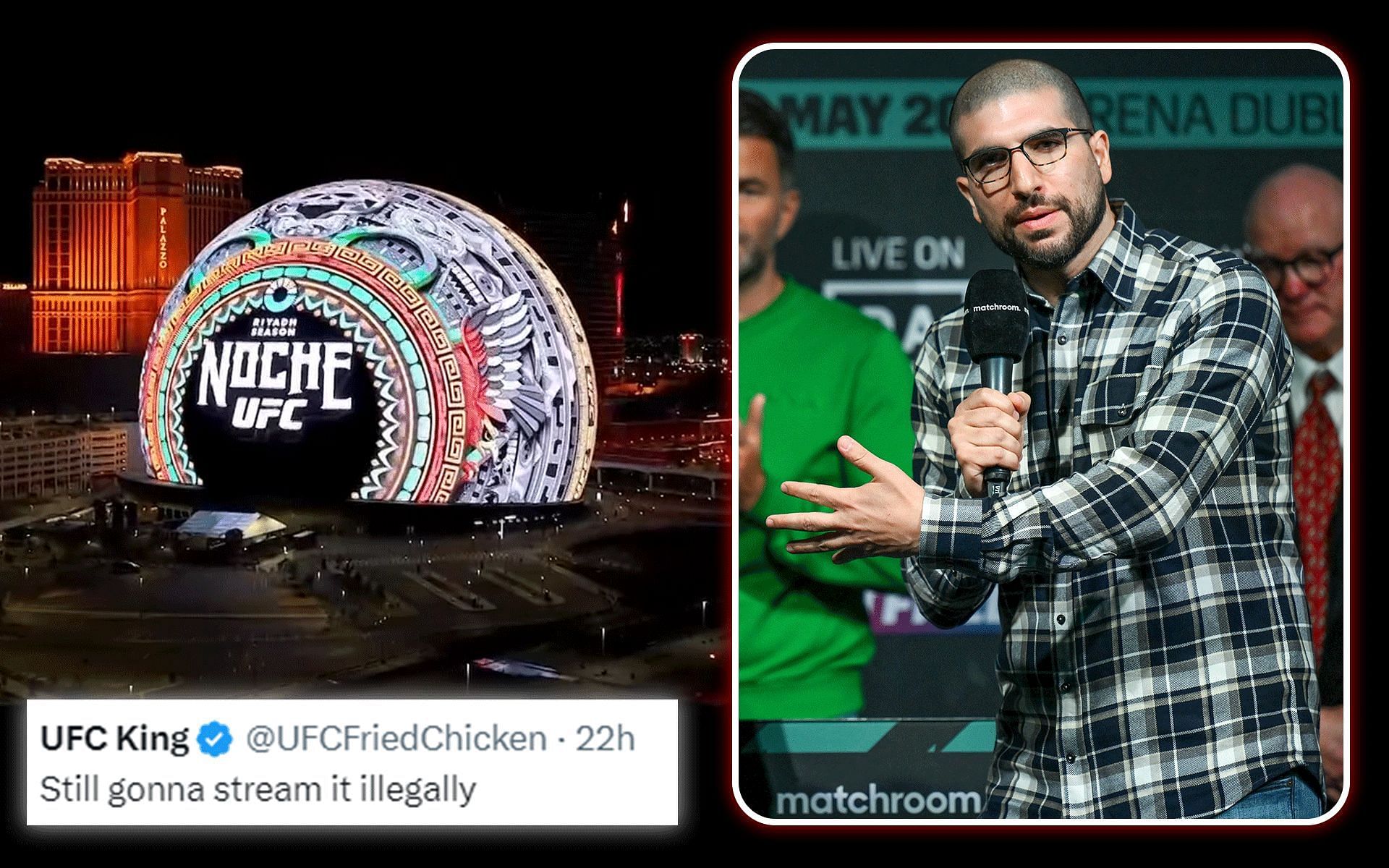 The Noche UFC 306 event scheduled to take place at The Sphere (left) has several interesting features that Ariel Helwani (right) highlighted. [Images courtesy: @ufc on Instagram and Getty Images]