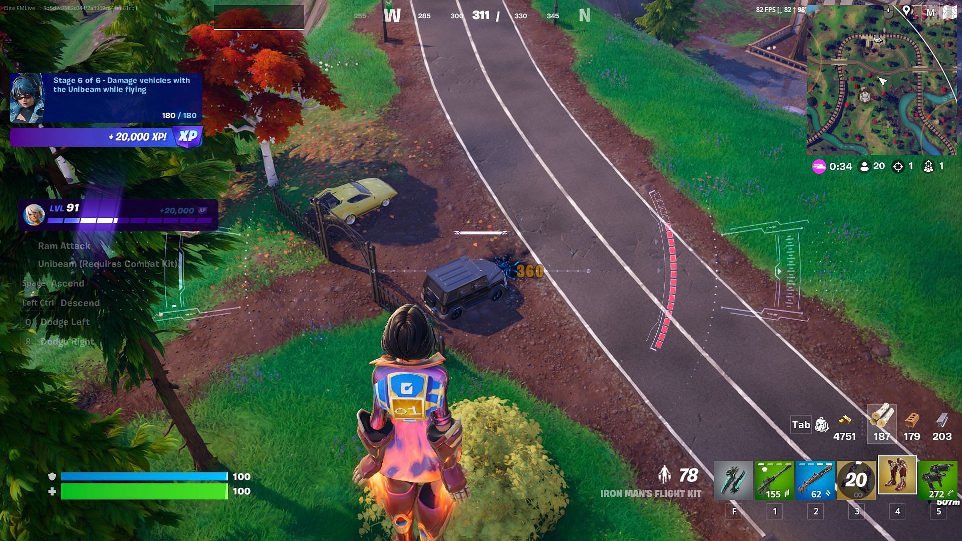 Hit a vehicle with the unibeam while flying to complete the final part of the I am Iron Man Story Quests in Fortnite Chapter 5 Season 4 (Image via Epic Games)