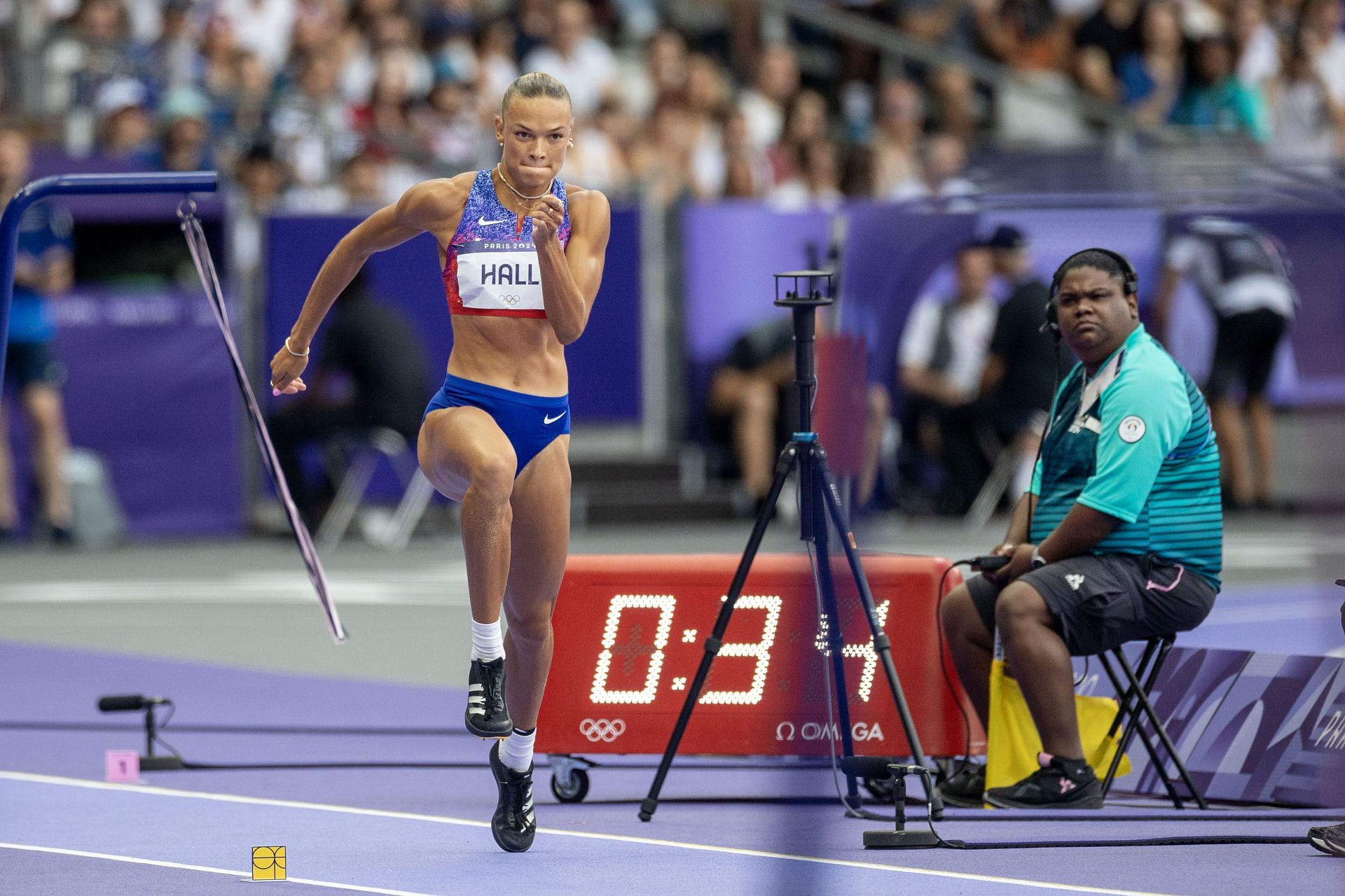 Anna Hall of the USA in the women&#039;s heptathlon event at the Paris Olympics [Image Source : Getty]