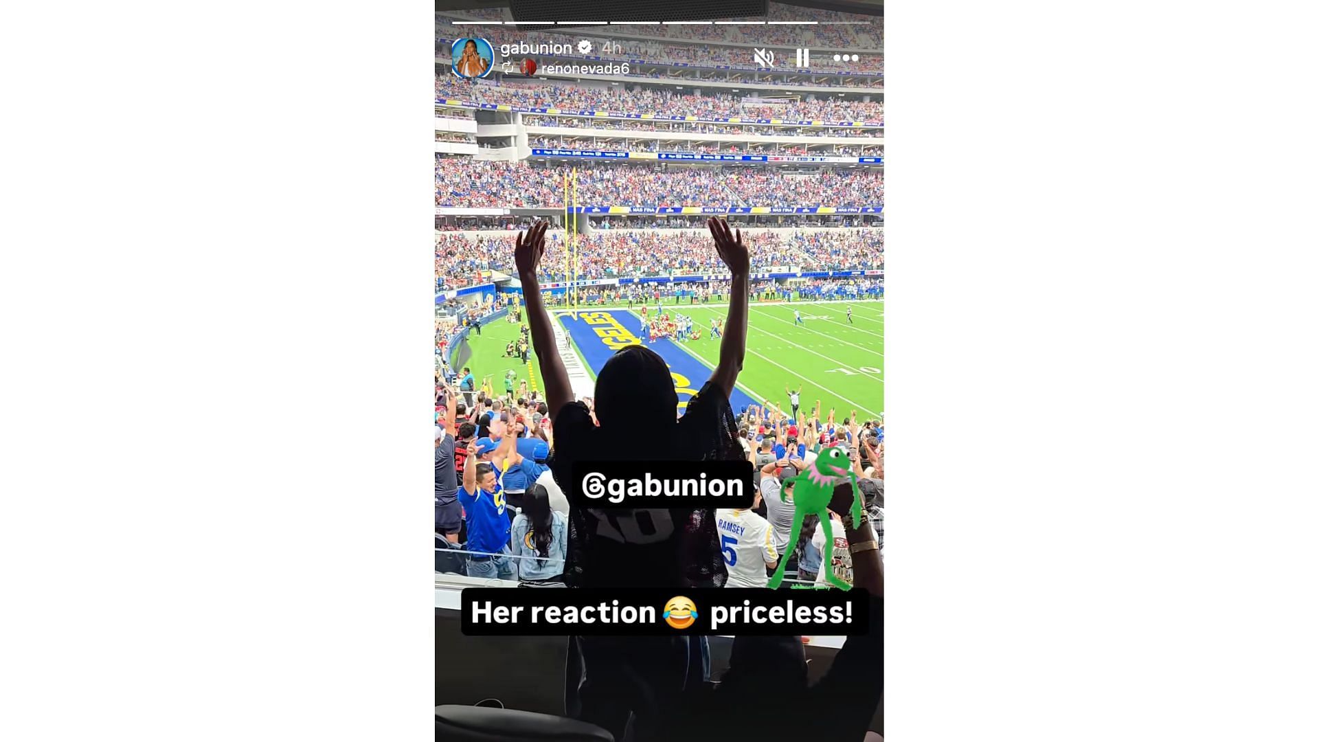 G. Union celebrates a Los Angeles Rams touchdown at SoFi Stadium. Photo Credit: Gabrielle Union&#039;s IG account