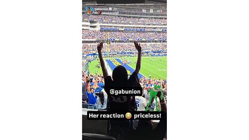 G. Union celebrates a Los Angeles Rams touchdown at SoFi Stadium. Photo Credit: Gabrielle Union's IG account