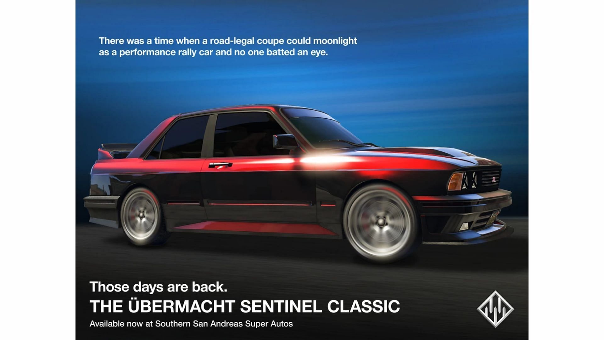 A promotional image of the Übermacht Sentinel Classic in Grand Theft Auto Online (Image via Rockstar Games)