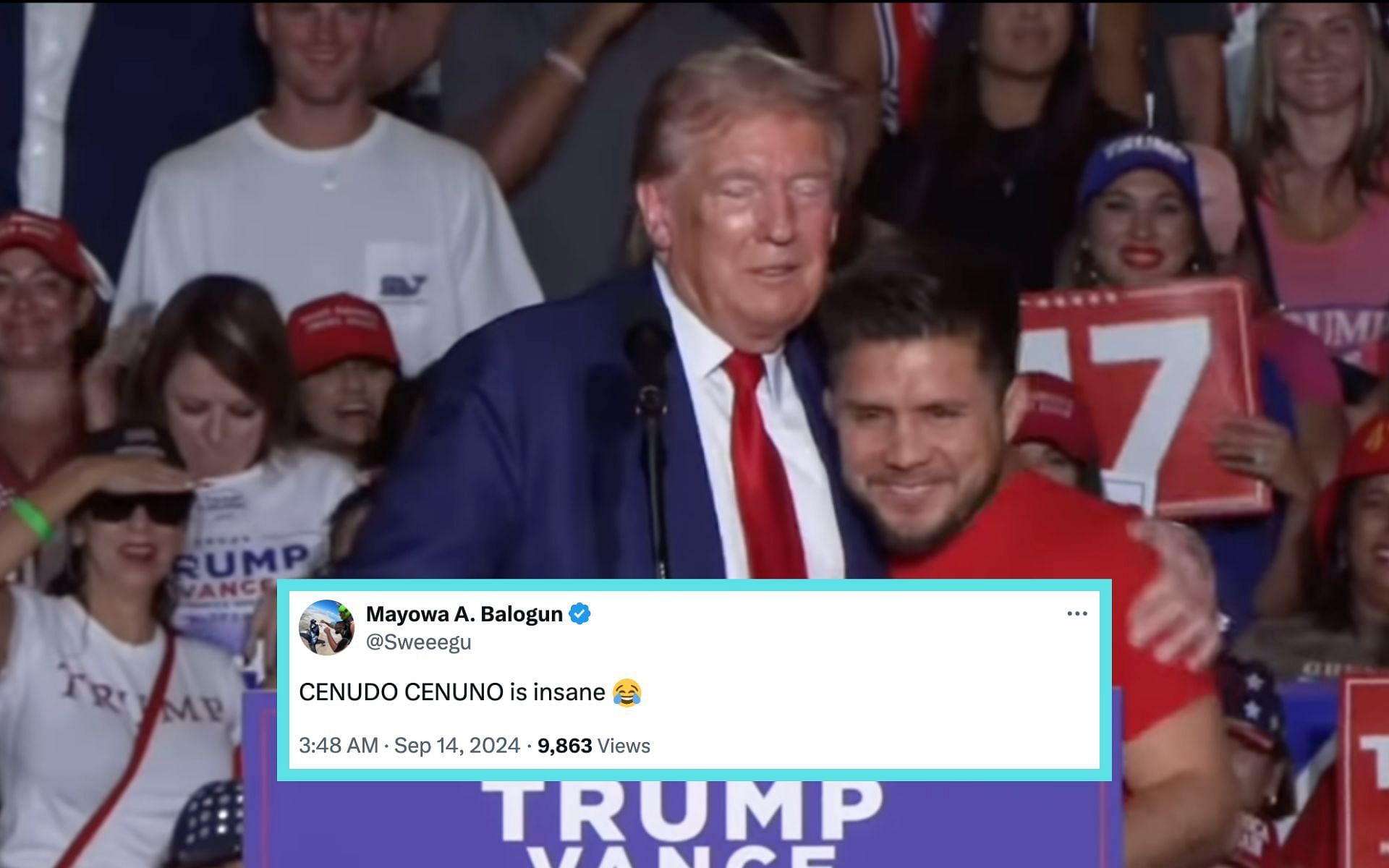 Fans react to Donald Trump (left) bringing Henry Cejudo (right) on stage with him. [Image courtesy: @henry_cejudo on Instagram]