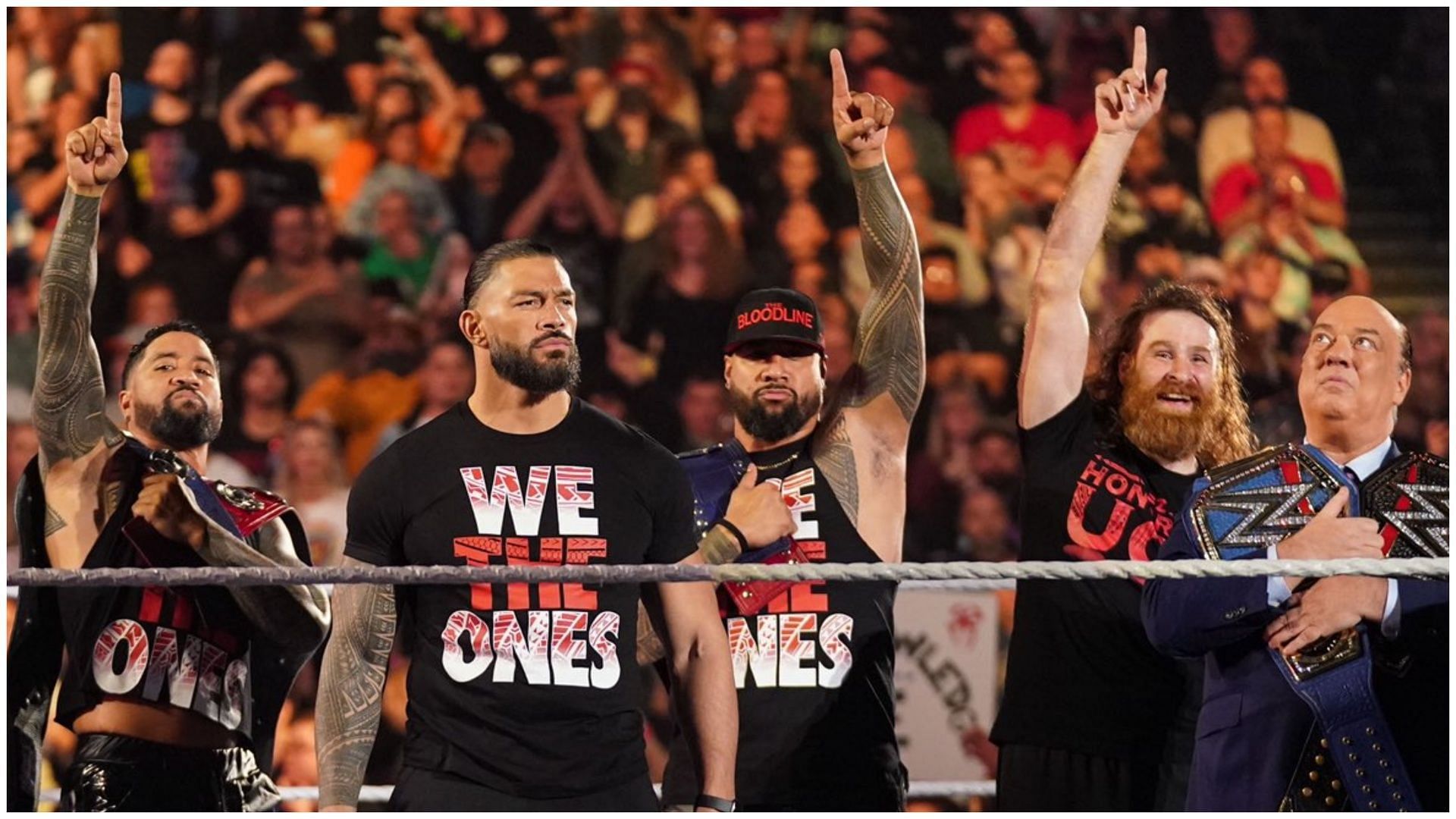 Roman Reigns alongside The Bloodline OGs: Jey and Jimmy Uso, Sami Zayn, and Paul Heyman [Image credits: (X/@WWERomanReigns)]