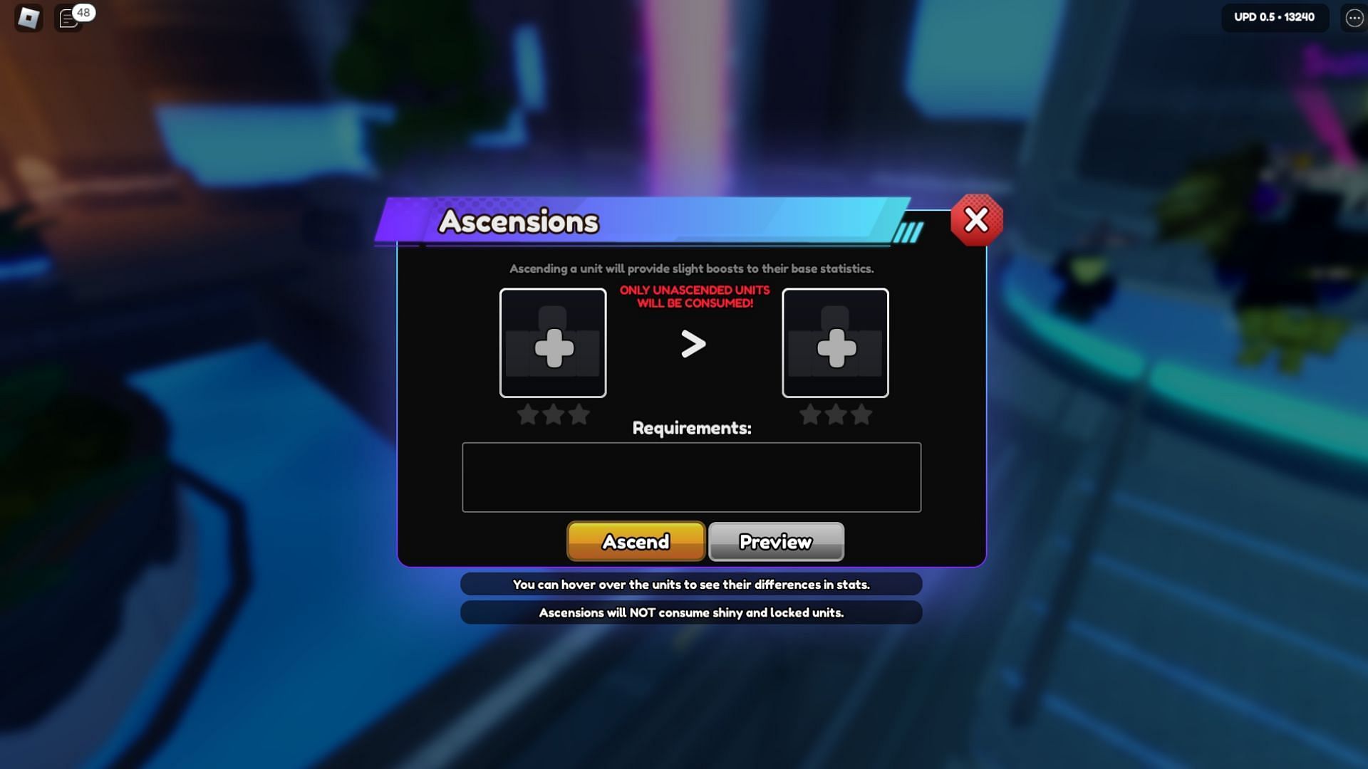 Ascension menu (Image via Roblox)