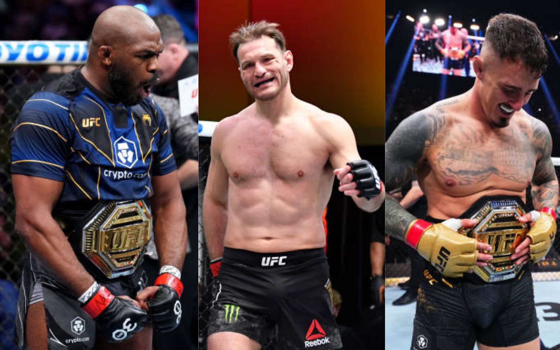 Tom Aspinall (right) reacts to Jon Jones (left) vs. Stipe Miocic (center) announcement [Image credits: Getty Images]