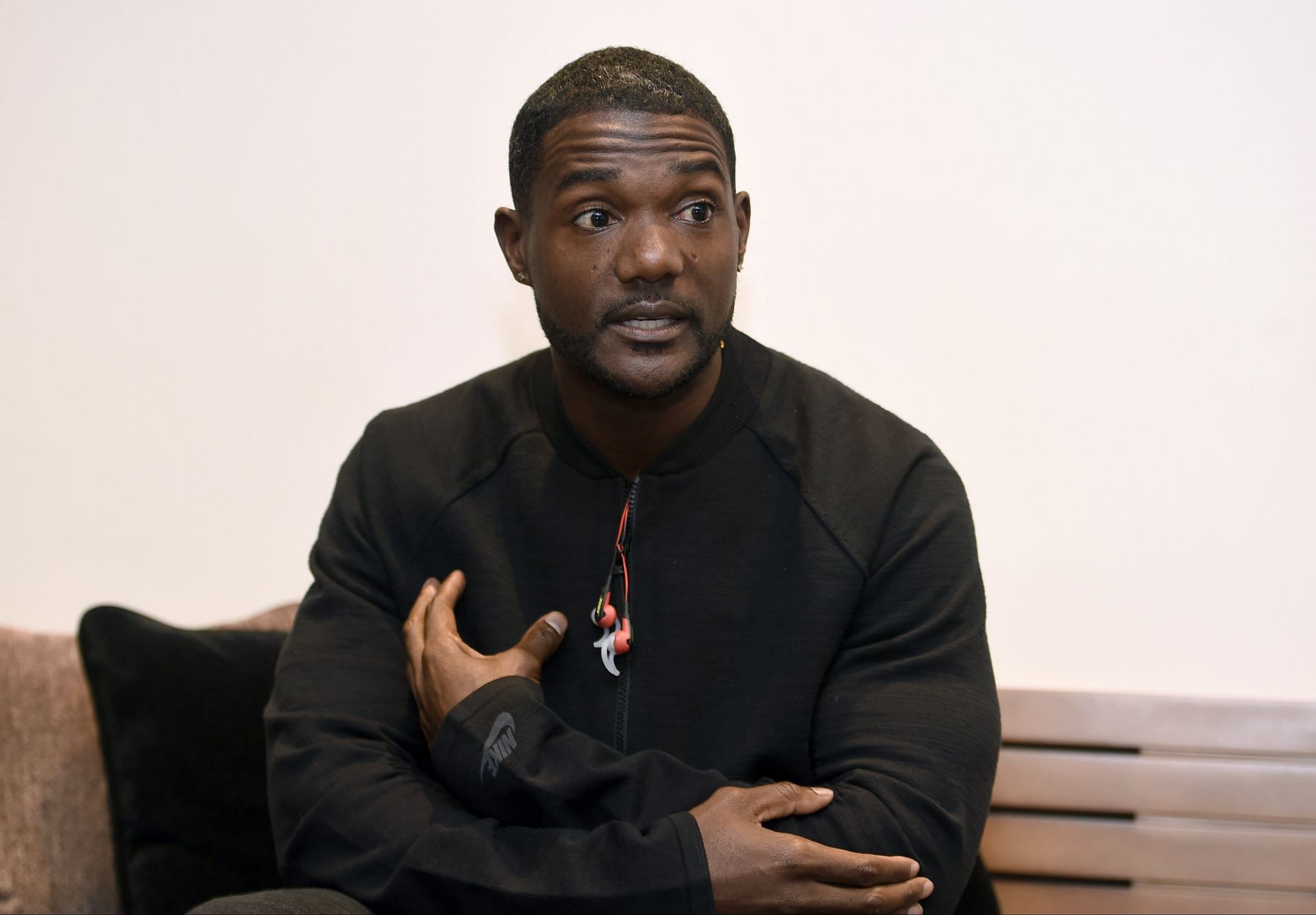 Justin Gatlin questions Alexis Ohanian on the 776 Invitational. (Source: Getty)