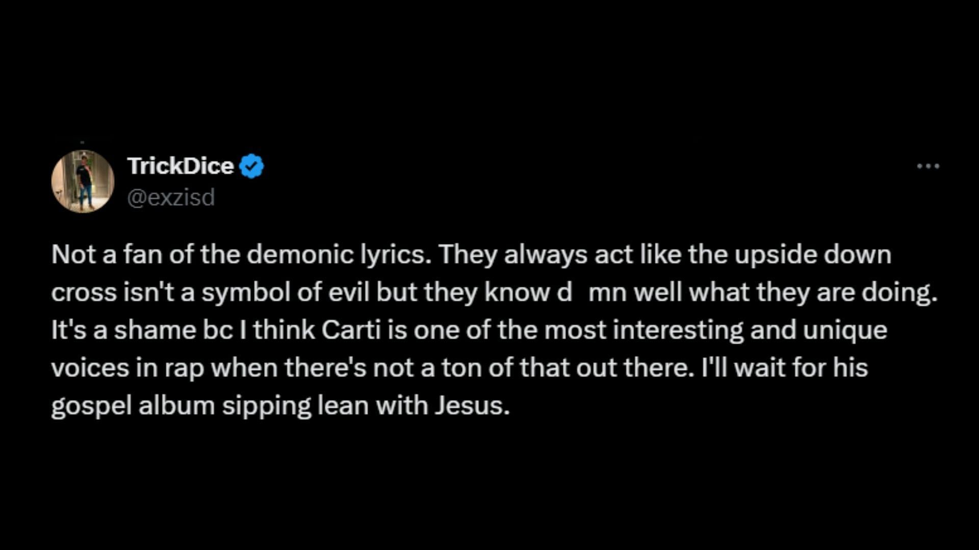 A netizen slams Carti&#039;s new song lyrics. (Image via X/ exzisd)