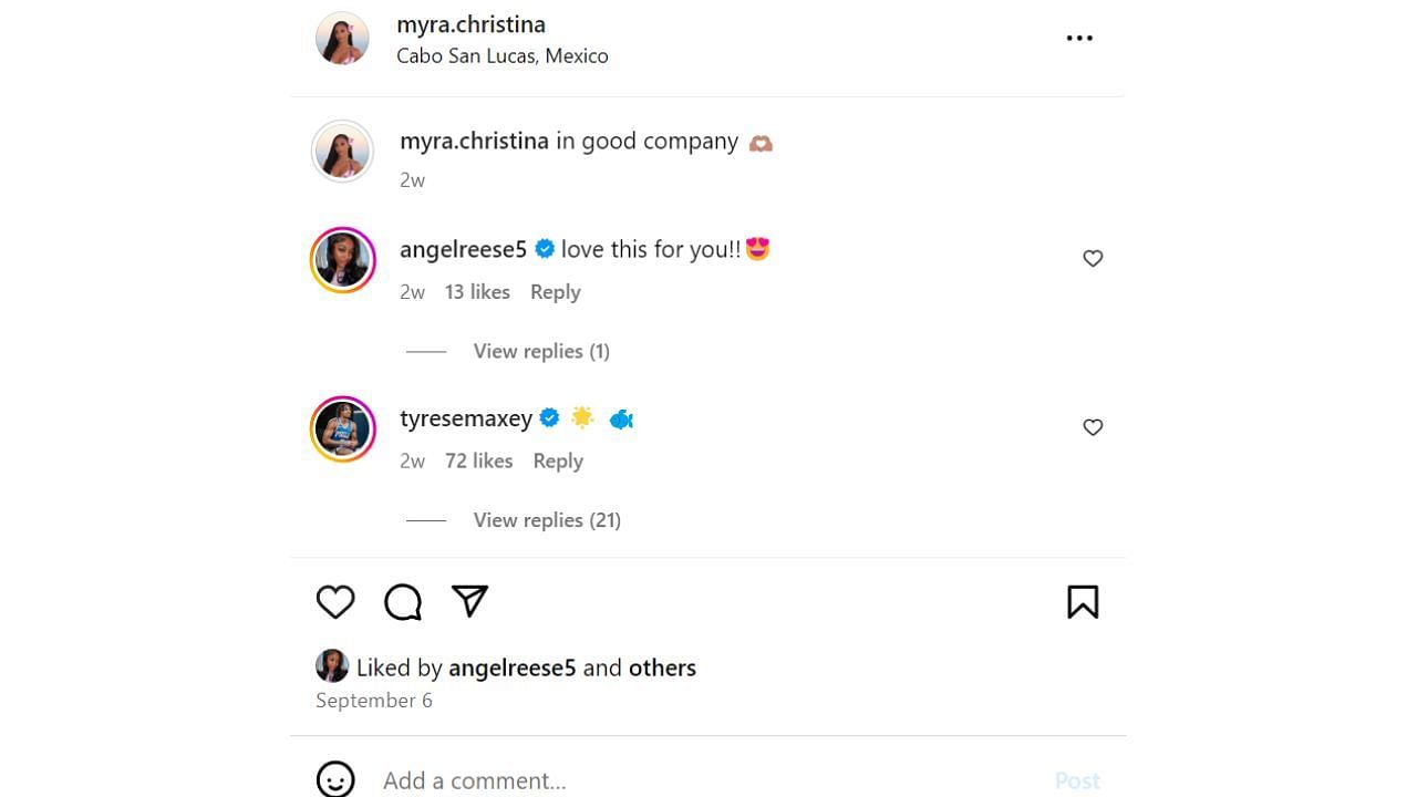 Maxey and WNBA star Angel Reese respond to Myra Gordon's IG post. [photo: @myra.christina/IG]