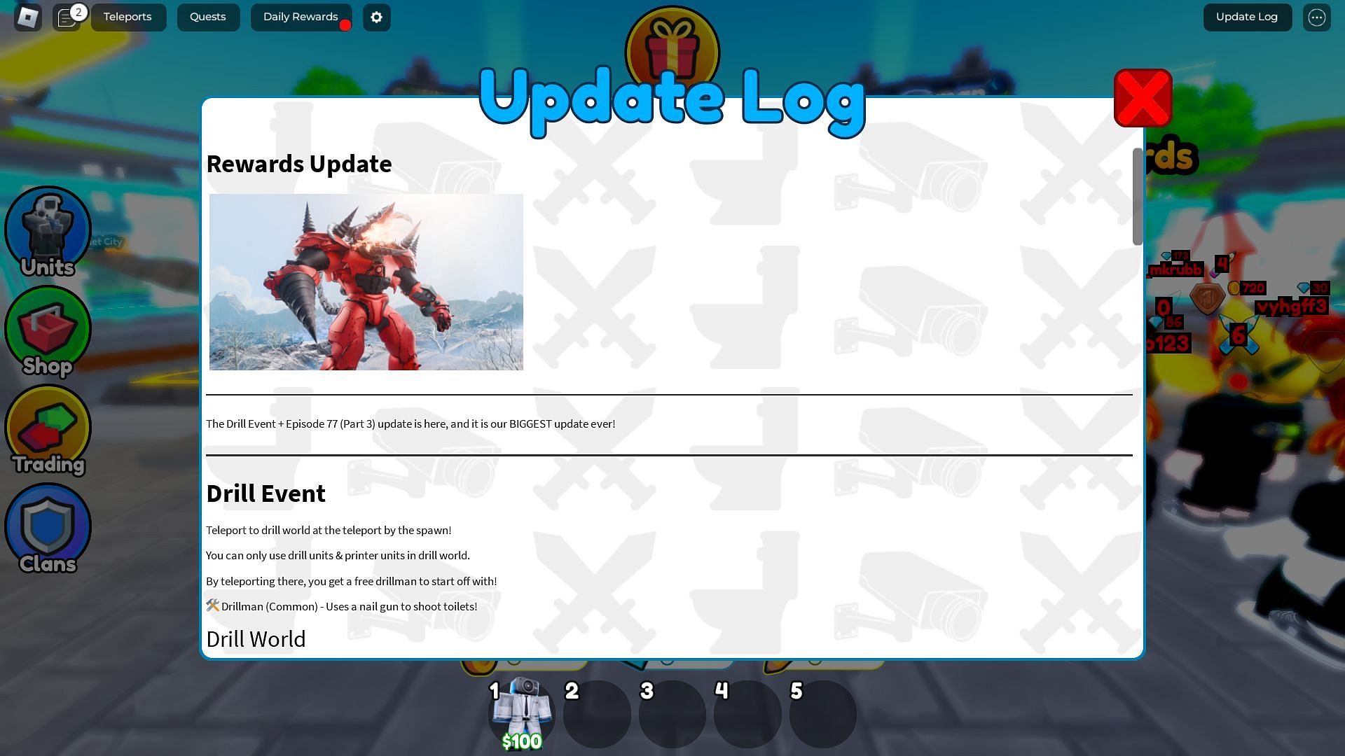 The in-game update log (Image via Roblox)