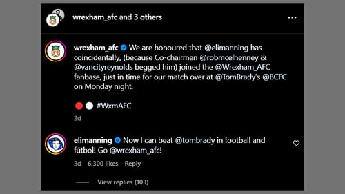 Eli Manning comments on Wrexham team's post (Image Source: instagram.com/wrexham_afc)