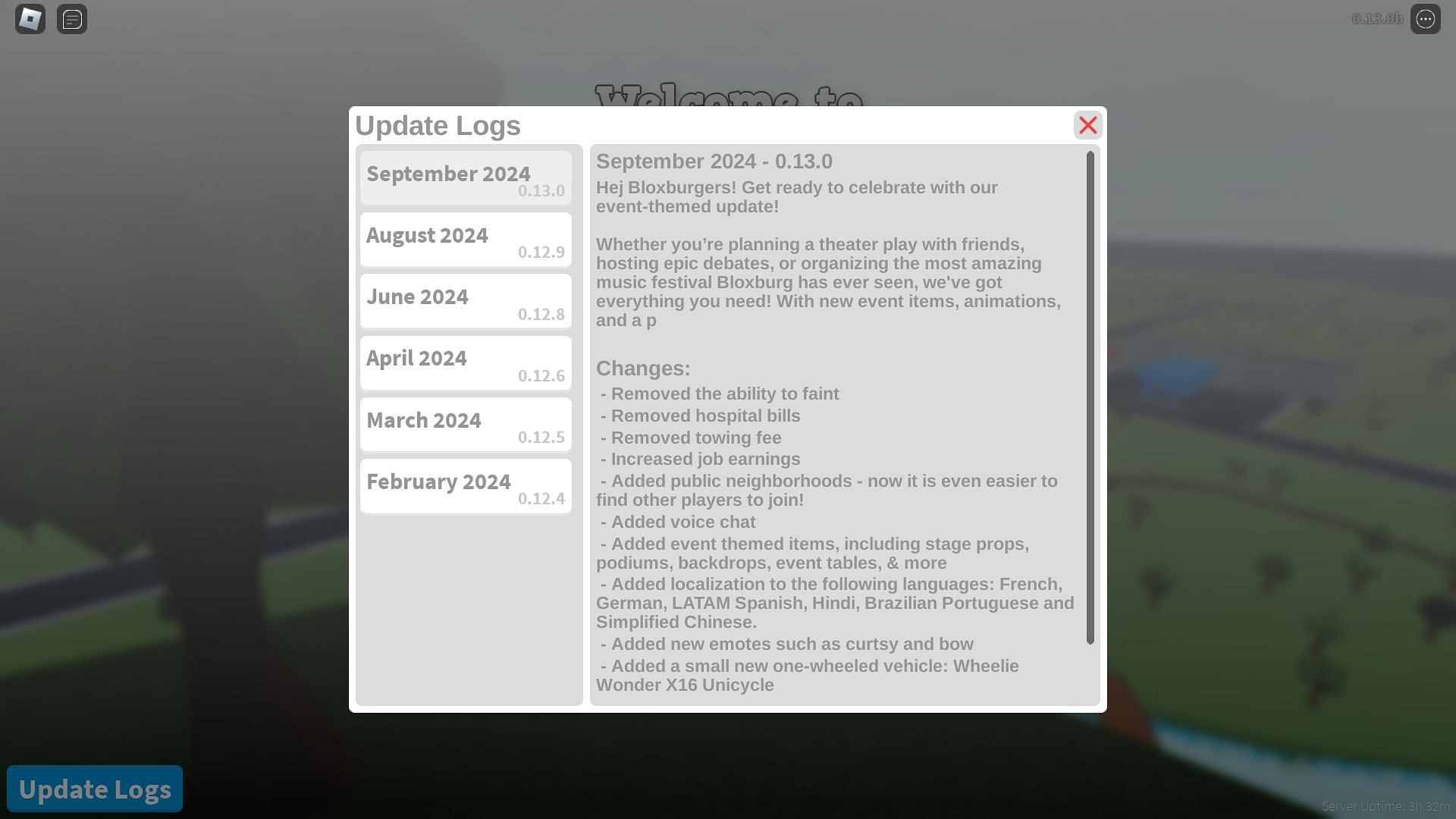 In-game update log (Image via Roblox)