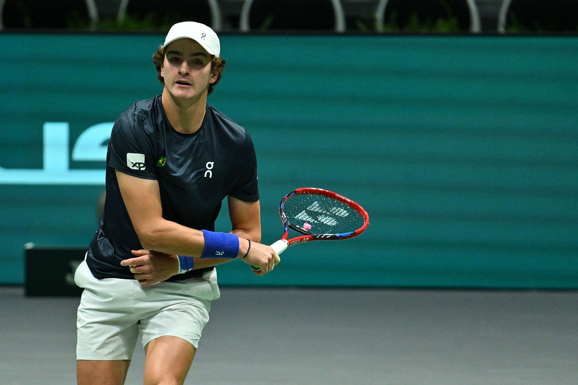 Joao Fonseca in action during the 2024 Davis Cup Finals Group Stage tie between The Netherlands and Brazil | Getty