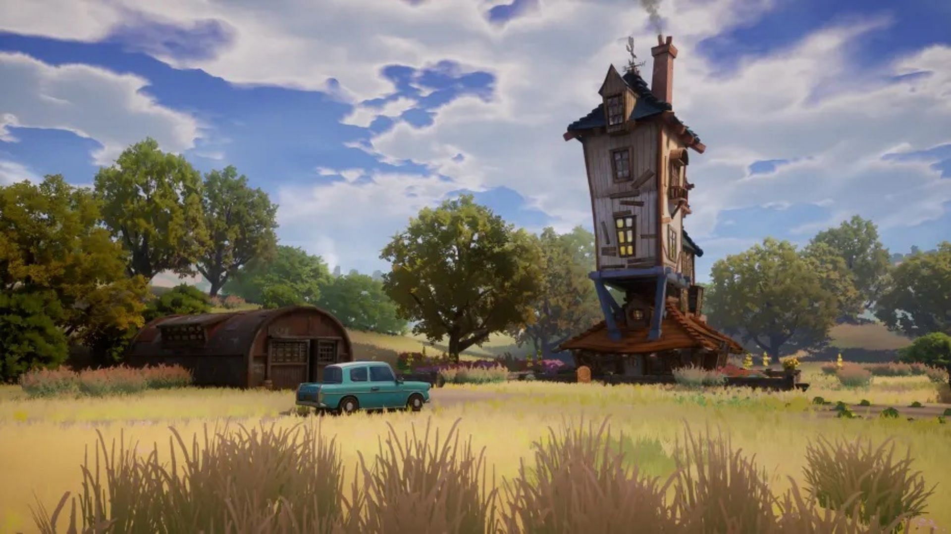 The Weasley House in all its glory, complete with Arthur&#039;s iconic flying car. (Image via Warner Bros)