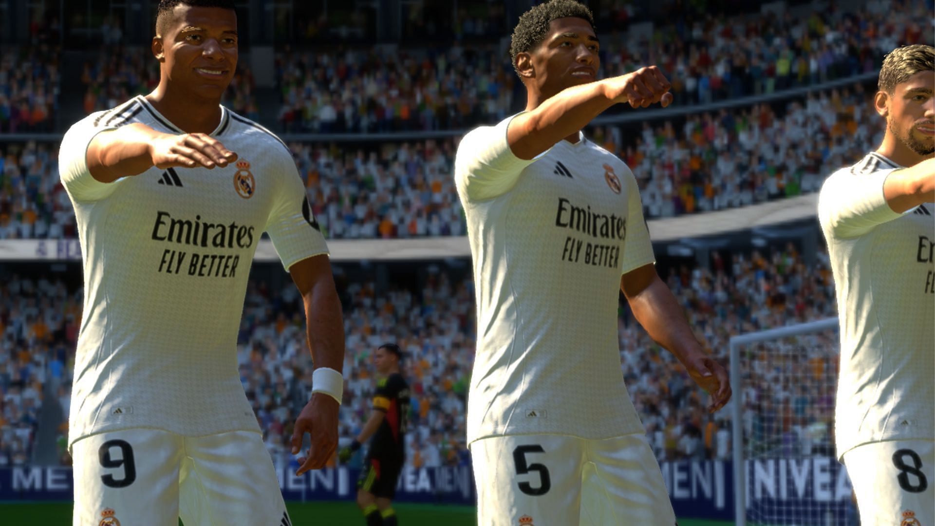 Mbappe and Bellingham doing the Tshabalala celebration in EA FC 25 (Image via EA Sports)