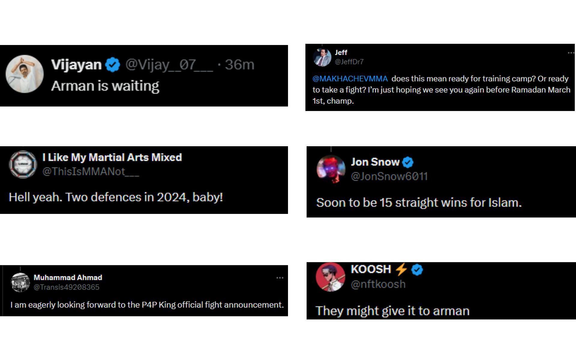 Fan reaction tweets regarding Makhachev&#039;s timeline for his return [Image courtesy: @ChampRDS - X]