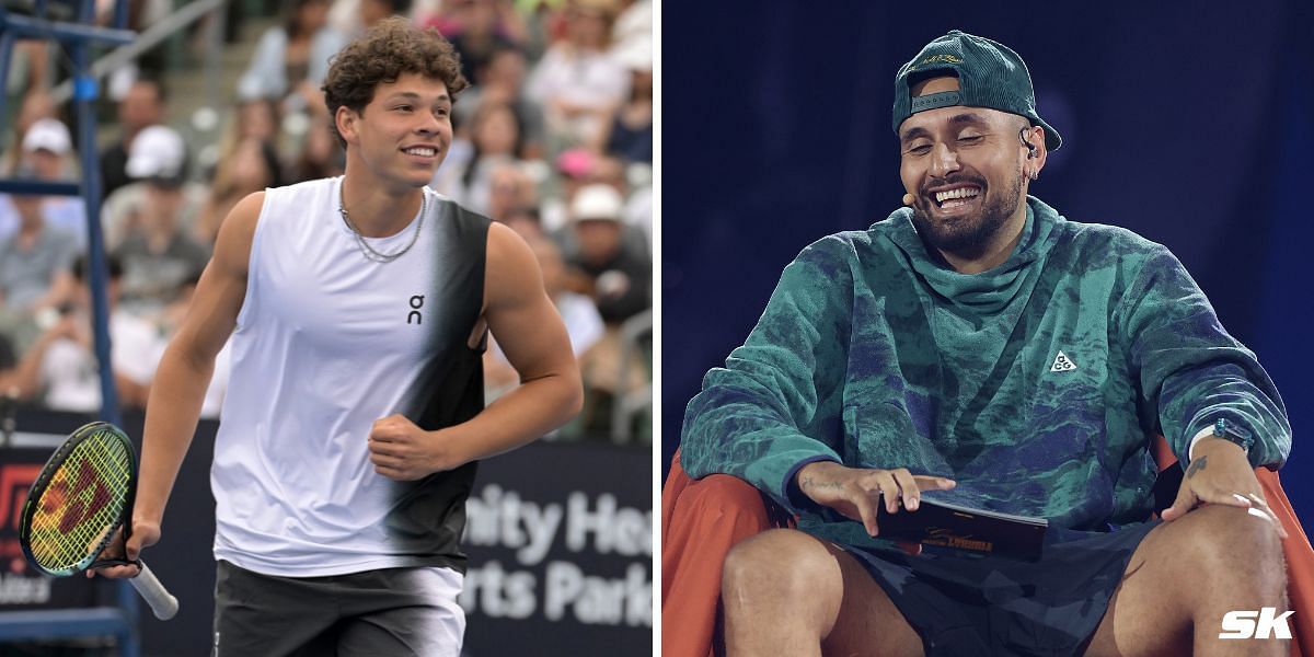 Nick Kyrgios hilarious reaction to Ben Shelton revealing racket breaks costs fine (Images: Getty)