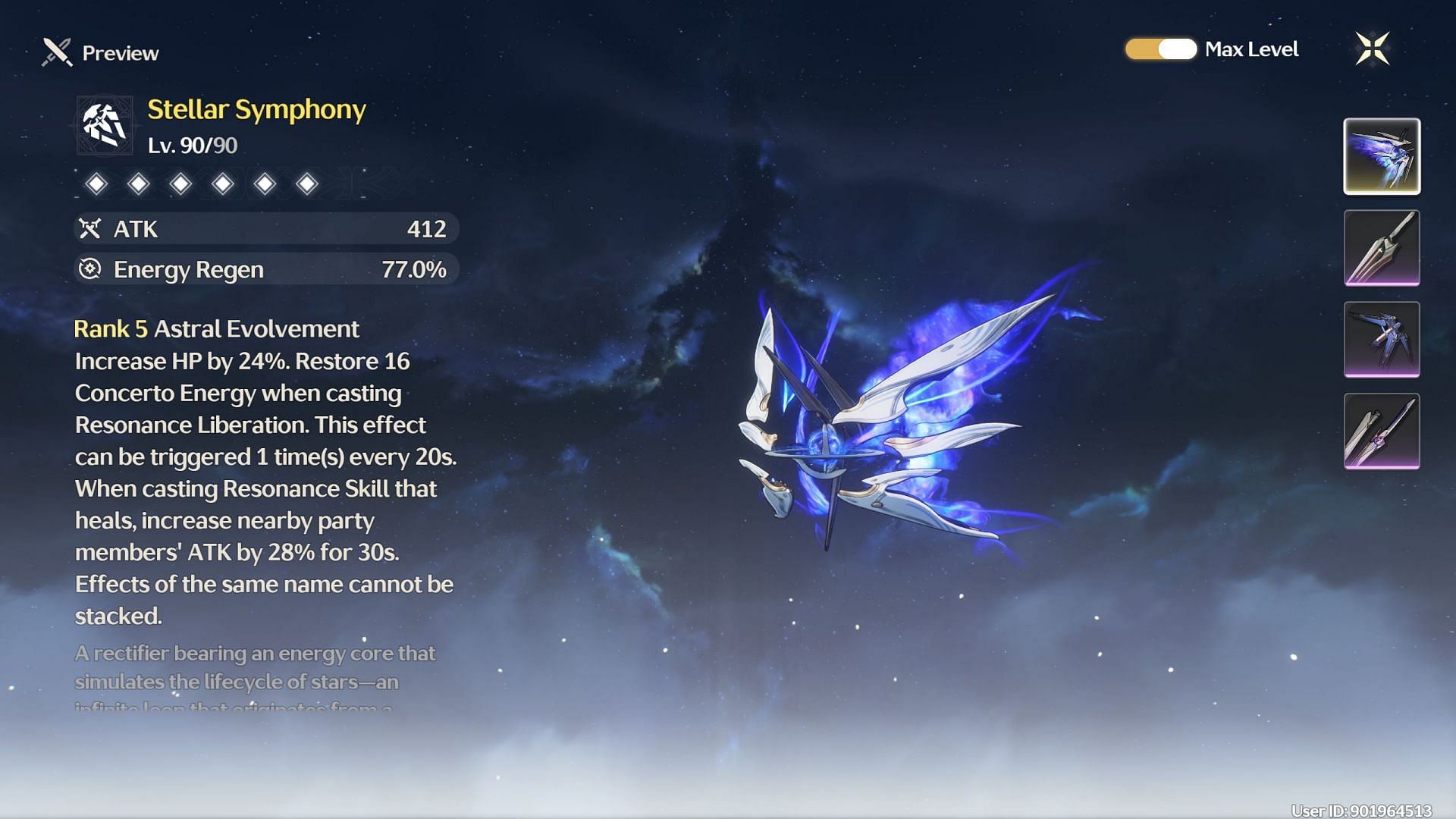 Stellar Symphony stats at level 90 (Image via Kuro Games)