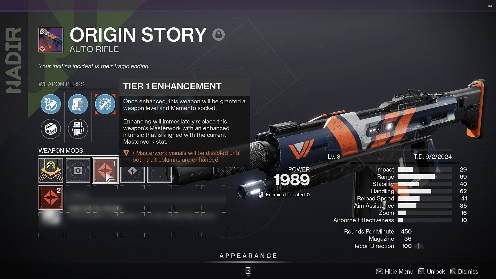 Enhancement option in Origin Story (Image via Bungie)