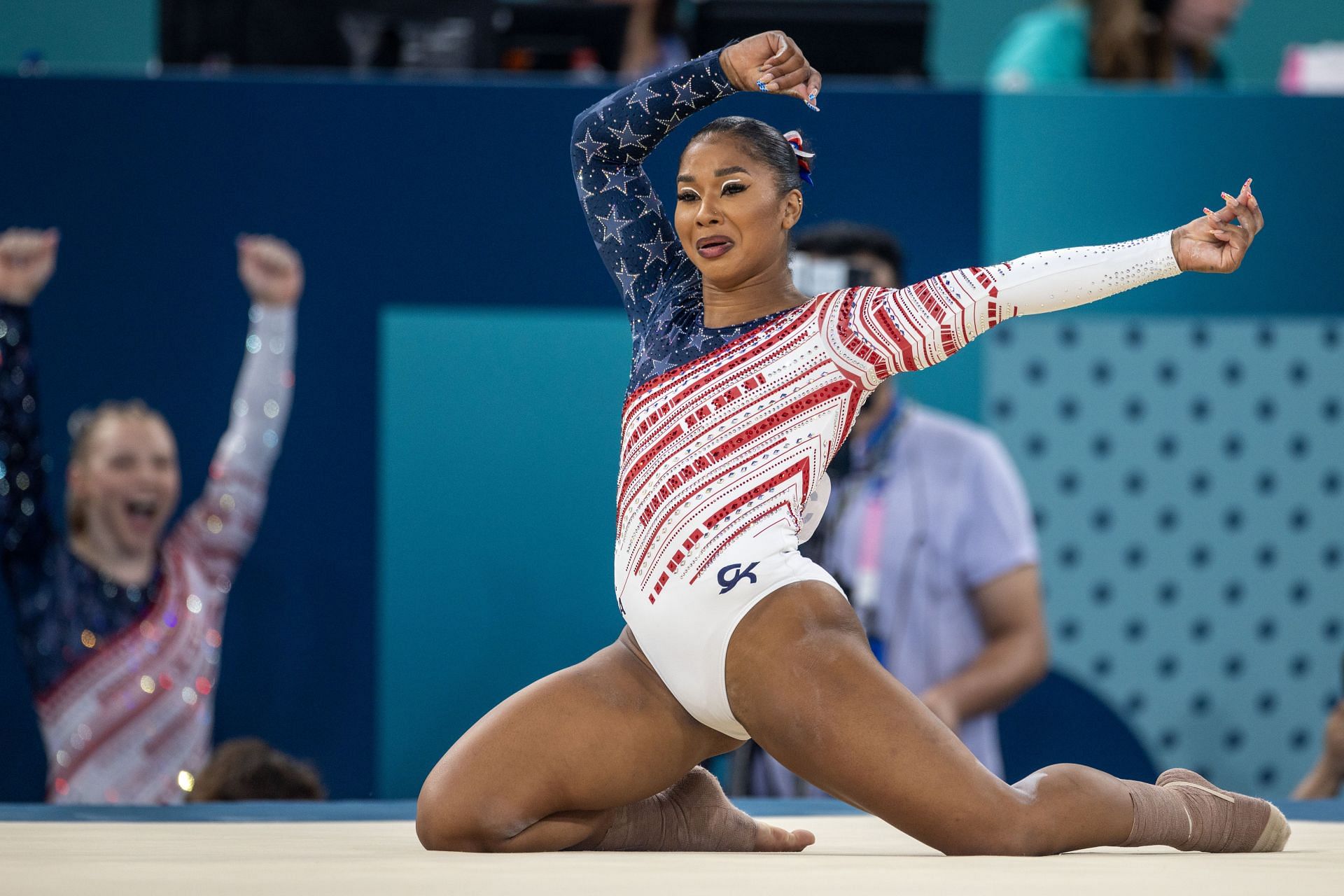 Jordan Chiles of the USA performing her floor exercise routine during the Team All Around Event finals at the Paris Olympics 2024 [Image Source: Getty]