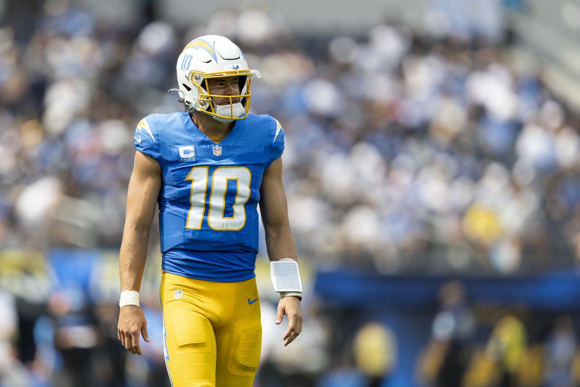 Justin Herbert at Raiders Chargers Football - Source: Getty