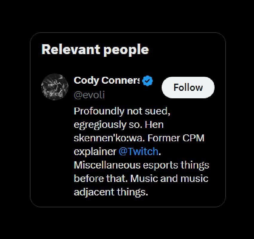 Cody Conners&#039; bio on X (Image via @evoli/X)