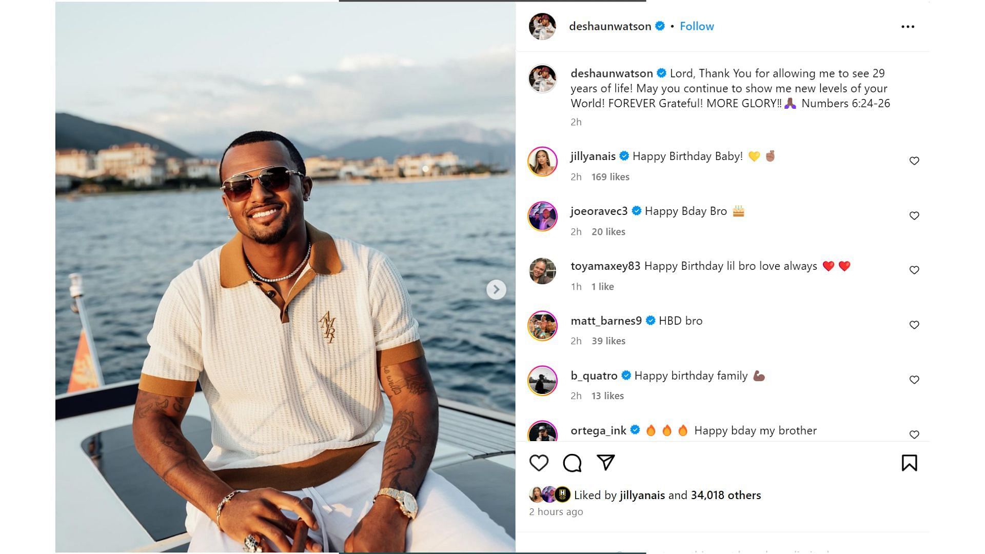 Deshaun Watson makes a post on his 29th birthday [Image credit: @deshaunwatson IG]