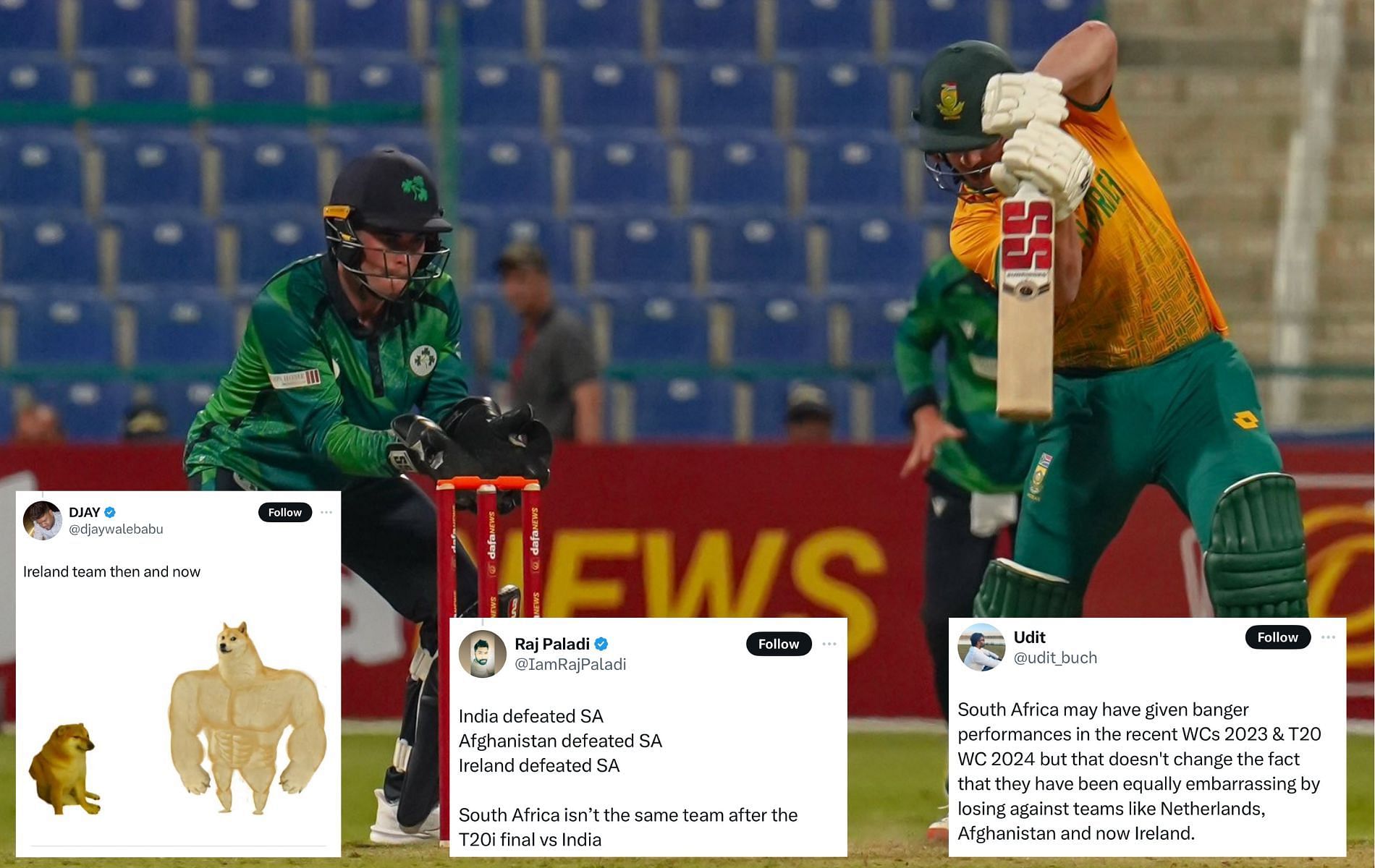 South Africa failed to chase down a 196-run target against Ireland on Sunday. (Pics: X)