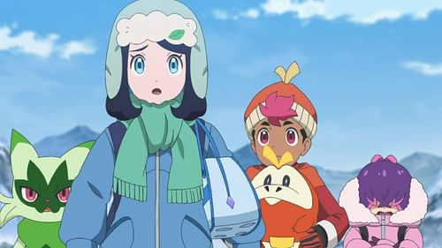 The kids traverse the Glaseado Mountains in Pokemon Horizons Episode 63 (Image via The Pokemon Company)