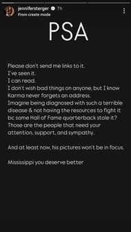 Jennifer Sterger reacts to Brett Favre revealing he has Parkinson's disease (@jennifersterger/IG)