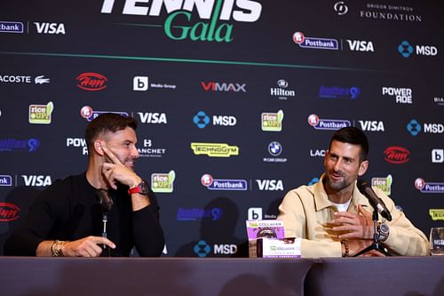 Grigor Dimitrov (L) and Novak Djokovic at their press conference (Image: Getty)