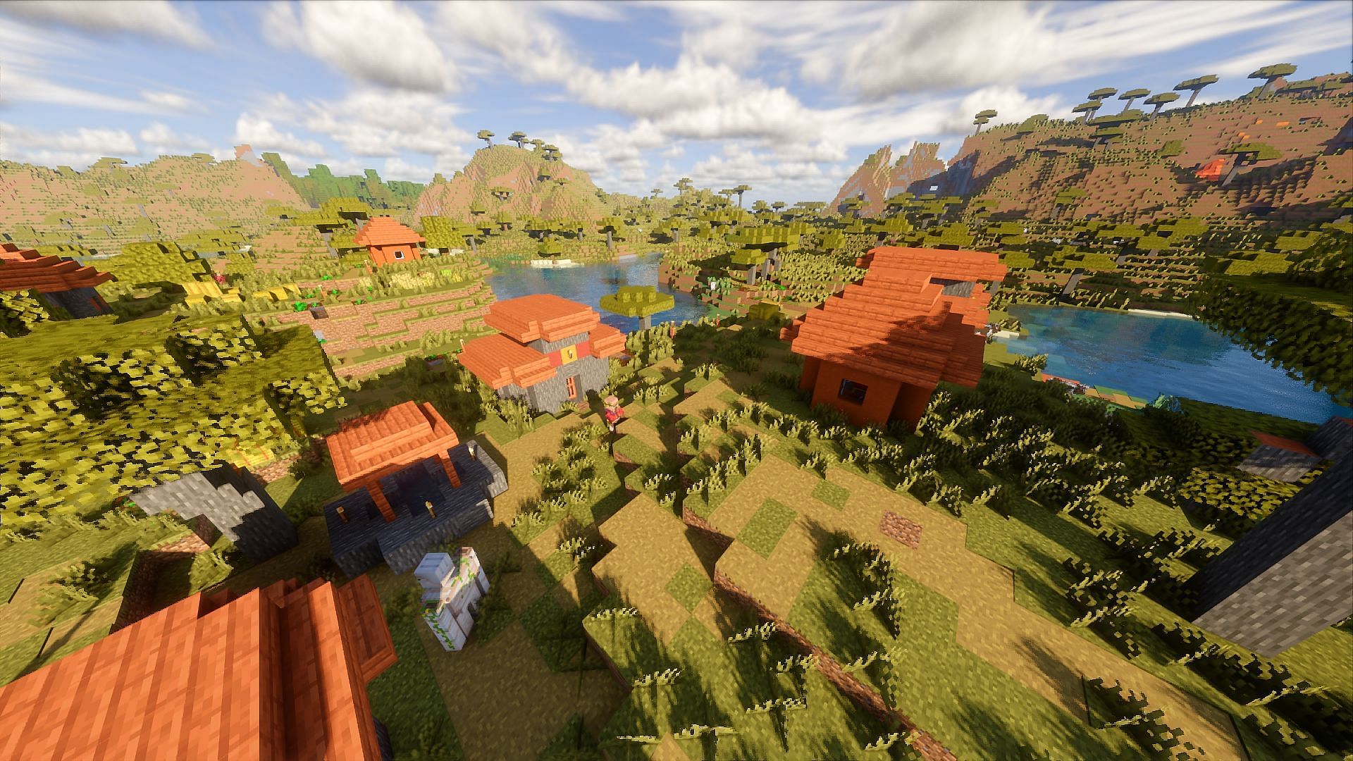 This starting savanna biome has no shortage of Minecraft villages (Image via Mojang)