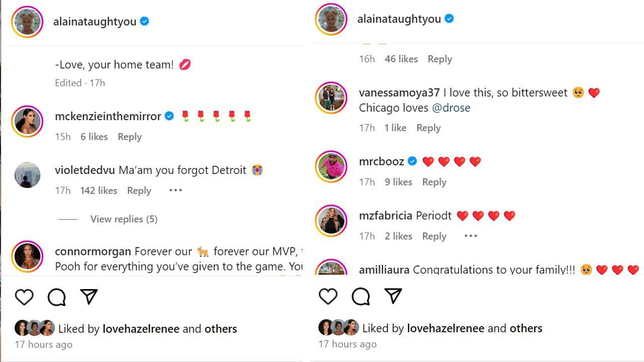 McKenzie Caldwell-Pope and Carlos Boozer joined KK Dixon in reacting to Alaina Anderson's IG message for her husband Derrick Rose. [photo: @alainataughtyou/IG]