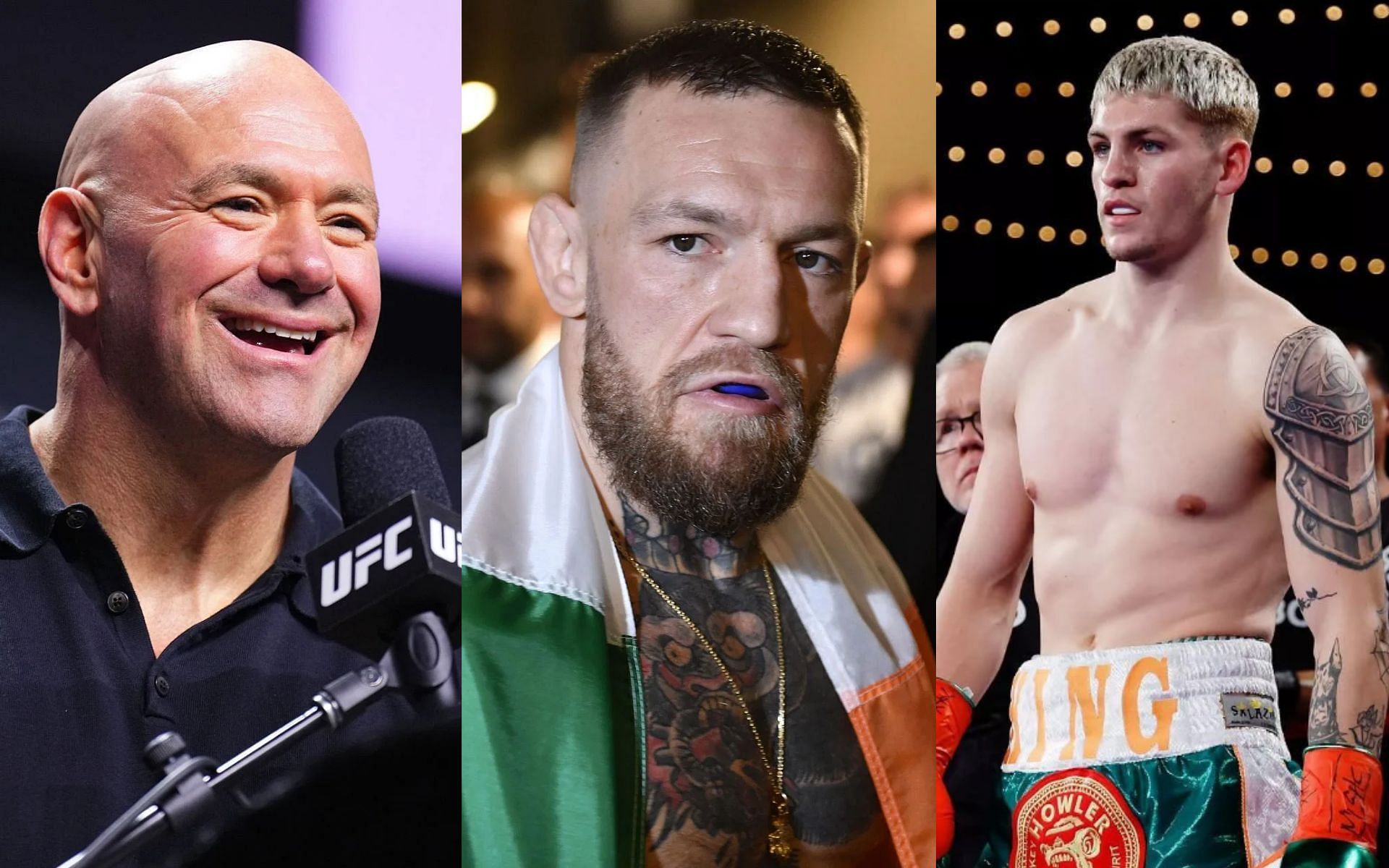 Dana White (left) hopes Conor McGregor (middle) joins him in Dublin to watch Callum Walsh (right) on Sept. 20 [Images courtesy: Getty Images, @kingcallumwalsh on Instagram]