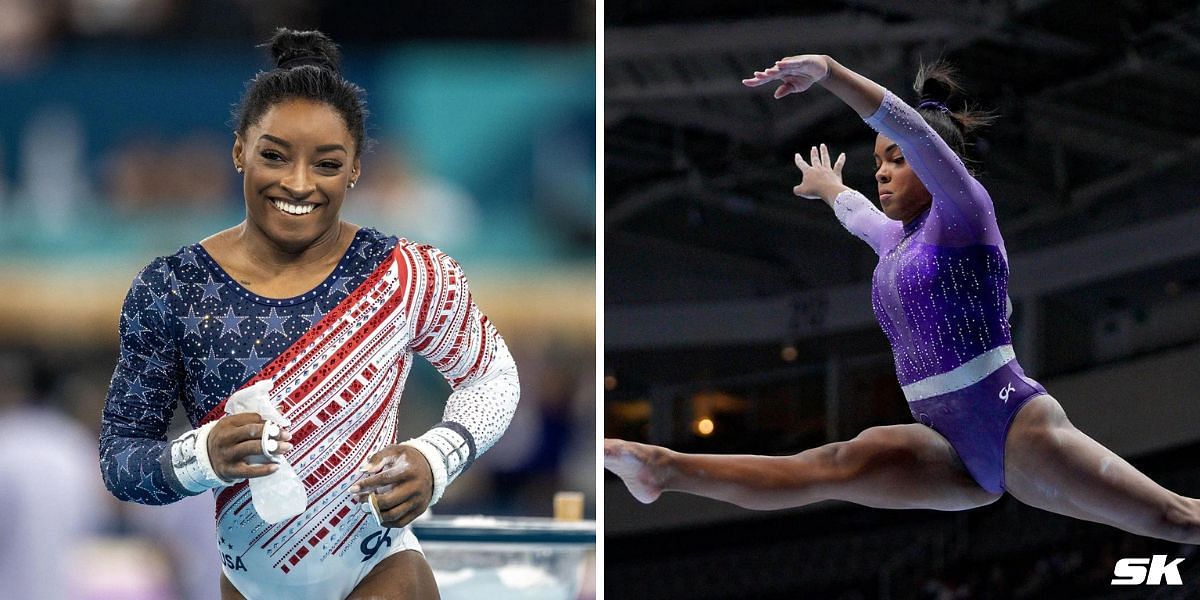 Simone Biles hypes up Zoe Miller as she dons LSU Tigers jersey. PHOTO: Getty Images