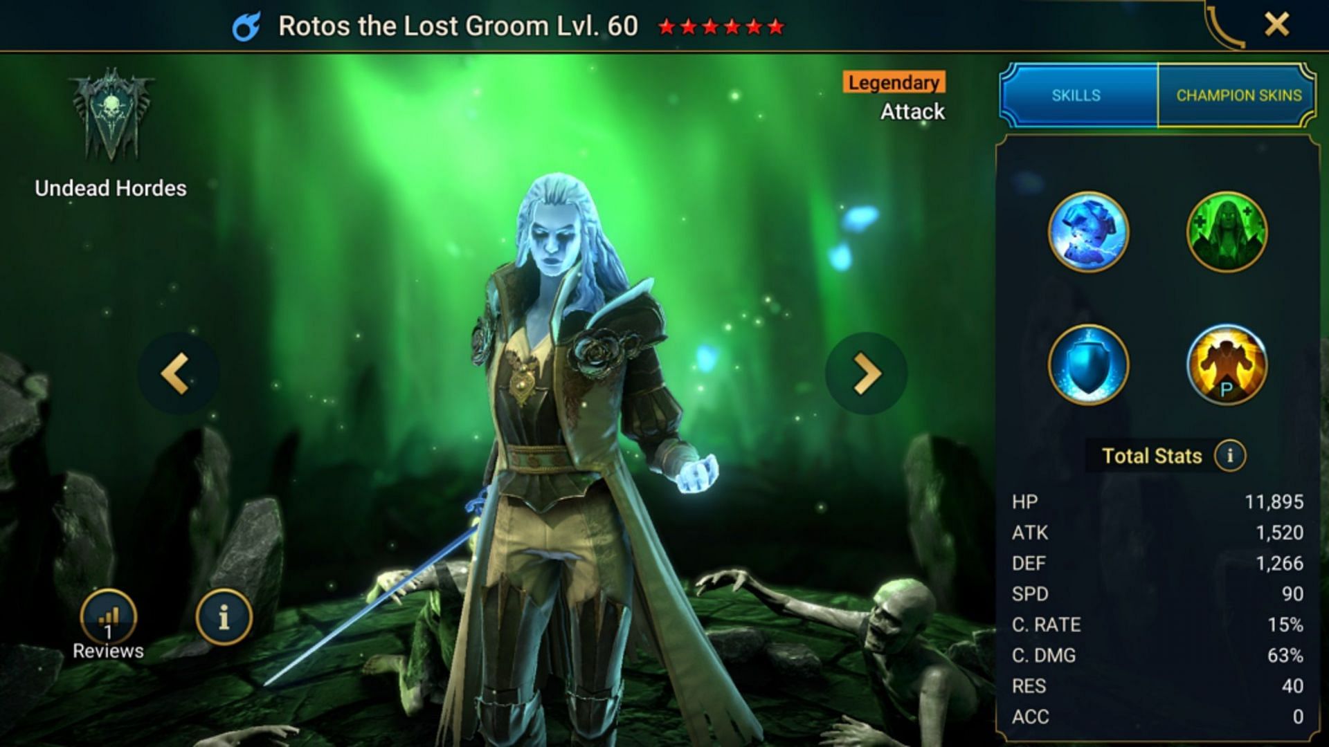 Rotos The Lost Groom&#039;s stats (Image via Plarium)