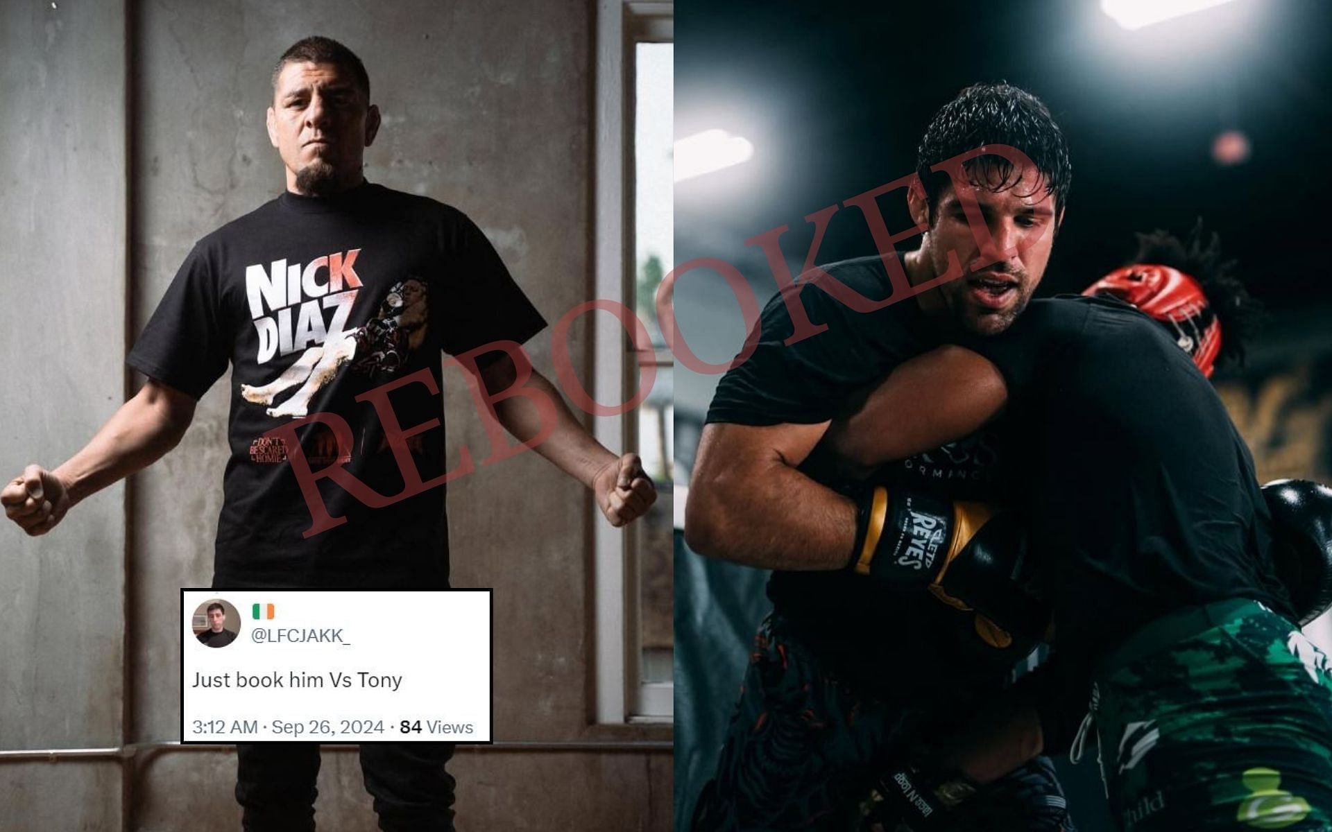 Fans are reacting (insert) to the rebooking of Nick Diaz (left) vs Vicente Luque (right). [Image credit: @nickdiaz and @luquevicente on Instagram, @ChampsRDS on X]