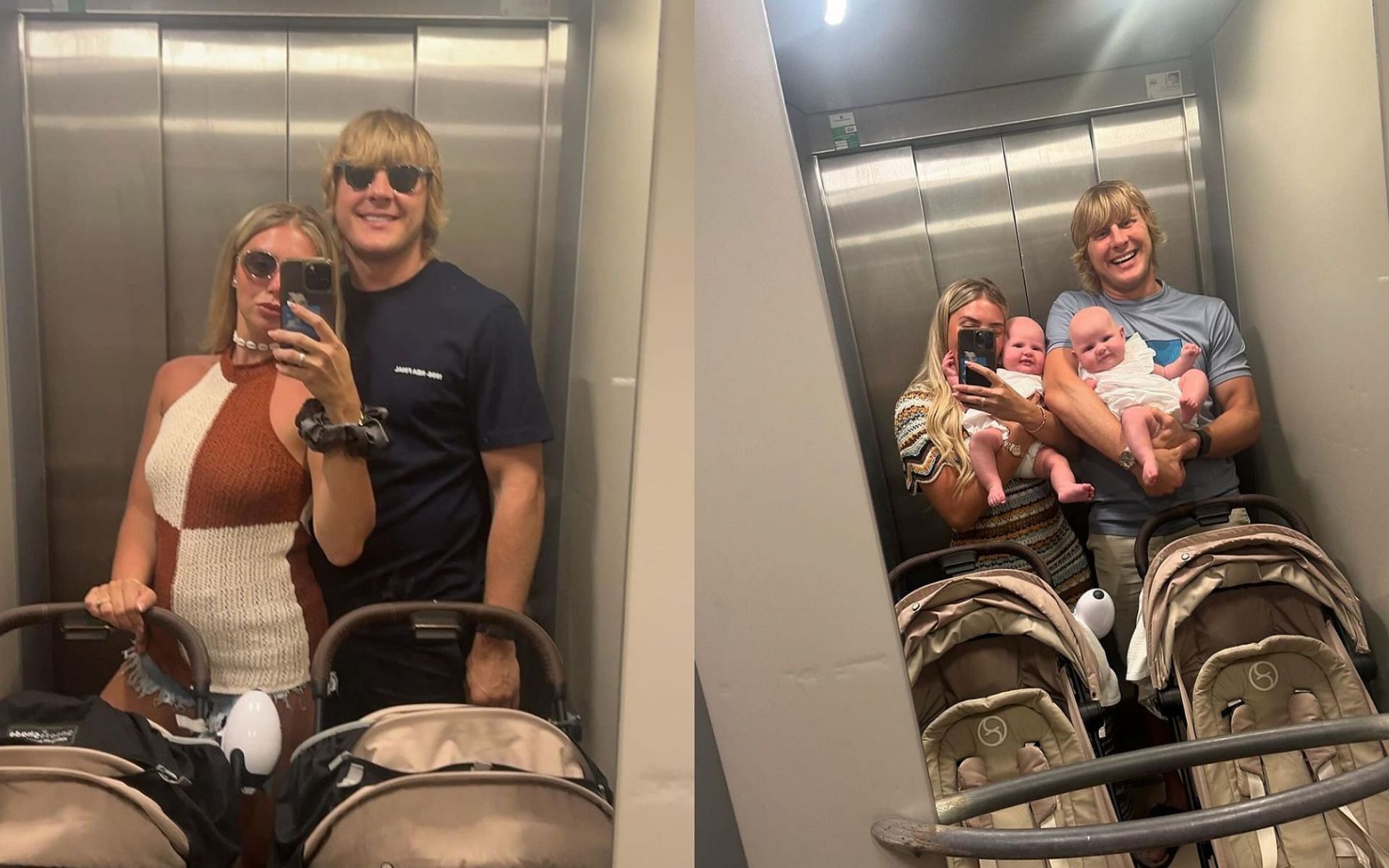 Laura Pimblett (left) taking family photos in the elevator. [via @theufcbaddy on Instagram]